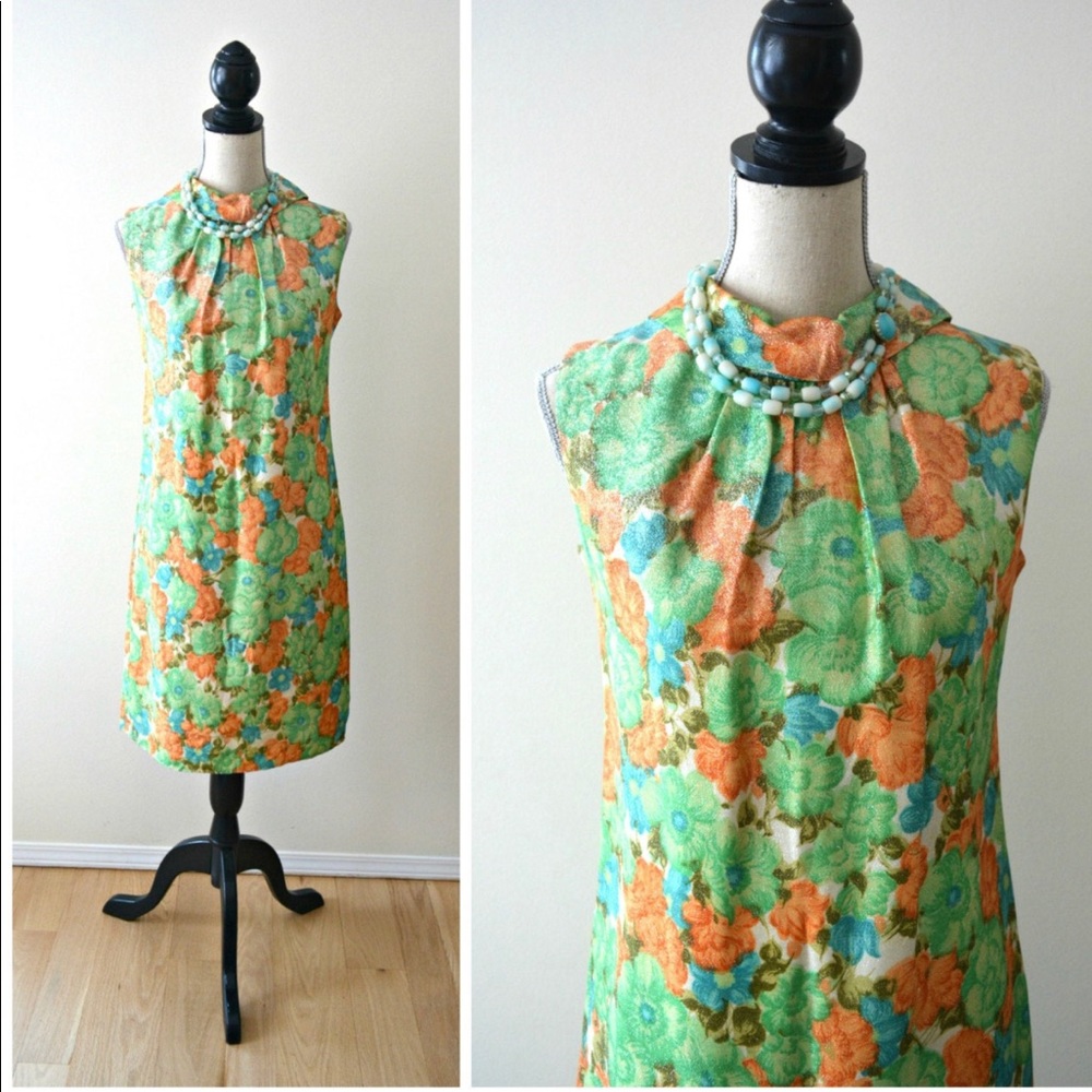 Vintage 1960’s, Retro Shift Dress, Orange, Green, Blue floral design. US8.